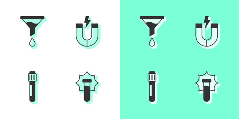 Set Explosion in the flask, Funnel or filter, Test tube and Magnet icon. Vector