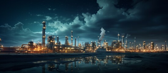 The towering oil refinery lights up the night sky, casting reflections in the water below. The cityscape is transformed by the glowing atmosphere