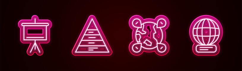 Set line Chalkboard, Pyramid chart infographics, Location on the globe and Worldwide. Glowing neon icon. Vector