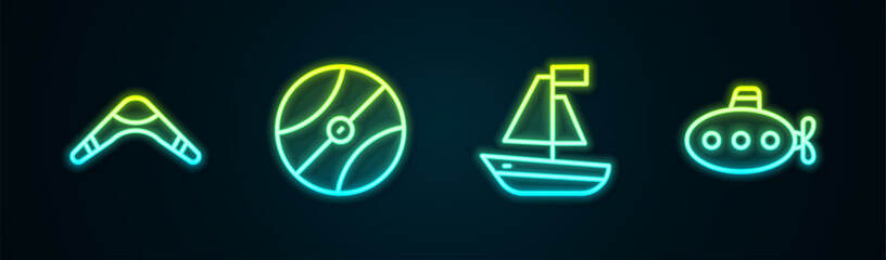 Set line Boomerang, Basketball ball, Toy boat and Submarine toy. Glowing neon icon. Vector