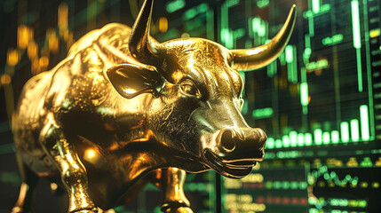 A gold bull statue stands on a table against a backdrop of stock charts, symbolizing trading on the stock exchange