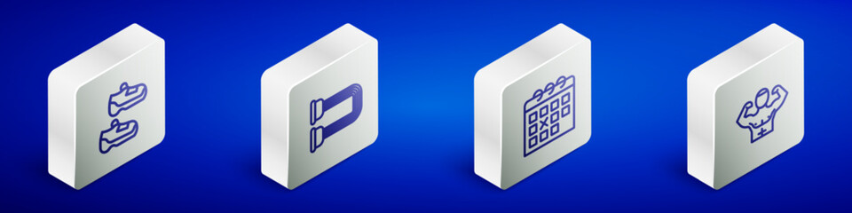 Set Isometric line Sport sneakers, Chest expander, Calendar fitness and Bodybuilder muscle icon. Vector