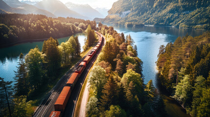 A train moves along tracks surrounded by dense, green foliage in a vibrant forest setting - obrazy, fototapety, plakaty