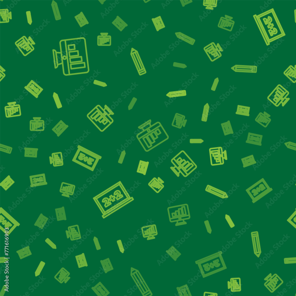 Poster set line computer monitor with graph chart, chalkboard and pencil on seamless pattern. vector