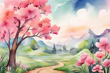blooming pink sakura in the meadow vector illustration. Japanese cherry trees on a green meadow, Spring landscape with a single blooming cherry tree sakura