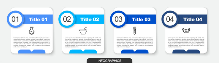 Set line Test tube and flask, Mortar pestle, and Medical protective mask. Business infographic template. Vector