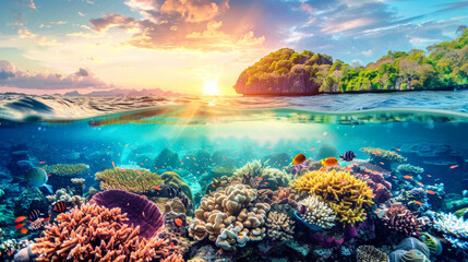 Fototapeta na wymiar Coral reef in foreground with small tropical island visible in the distance, showcasing underwater ecosystem and marine life