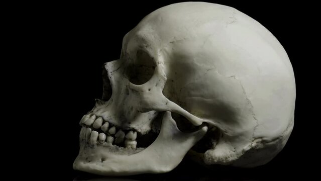 Human skull rotating on a black background.  The anatomically accurate human skull rotates on its axis. Seamless loop. Smooth rotation.