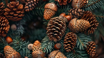 Decorative wreath of pine cones and branches.