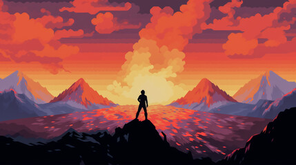 Simplistic drawing of a ending of the world behind a red dead sun, simple gradient colors vector...