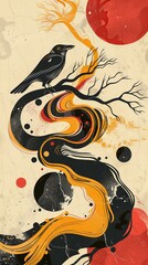 Vintage wildlife poster with organic shapes and fluid lines. Retro-inspired design for a unique aesthetic