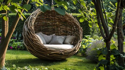 Wicker swing for the garden from branches, nest.