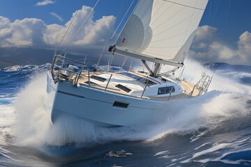 A white yacht gracefully sails across the glistening sea on a bright, cloudless day - 771617567