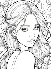 Girl sketch with line smoothly outline shape coloring page, white background, ai generated 