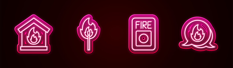 Set line Fire in burning house, Burning match with fire, alarm system and Emergency call. Glowing neon icon. Vector