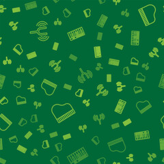 Set line Musical tuning fork, Grand piano and synthesizer on seamless pattern. Vector