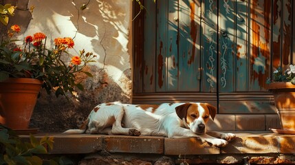 The dog is resting in the sunny garden.