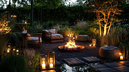 Cozy area for a fire in the evening garden with garlands of lanterns.