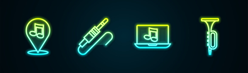 Set line Location musical note, Audio jack, Laptop with and Trumpet. Glowing neon icon. Vector