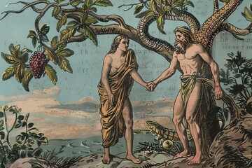 Adam and Eve in Paradise with forbidden fruit, tempted by serpent Satan, biblical illustration - obrazy, fototapety, plakaty