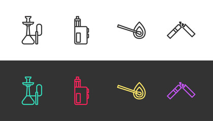 Set line Hookah, Vape mod device, Burning match with fire and Broken cigarette on black and white. Vector