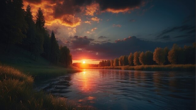 Riverside Glow Sunset Illuminating the River's Serene Beauty - Wallpaper