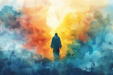 Abstract watercolor background with silhouette of Jesus Christ worshipping, spiritual and religious digital painting