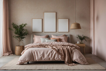 poster mockup with Three frames on an empty wall in the bedroom. Wall mockup in pastel colors with linen bed, empty wall background