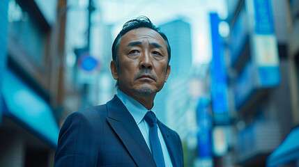Fototapeta premium Confident mature businessman in a suit standing in a modern city setting with blurred background.
