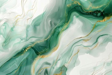 Abstract Watercolor Background with Pastel Green Waves and Gold Lines, Fluid Marbled Texture, Digital Painting - obrazy, fototapety, plakaty