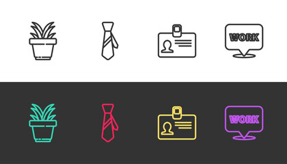 Set line Plant in pot, Tie, Identification badge and Location with text work on black and white. Vector
