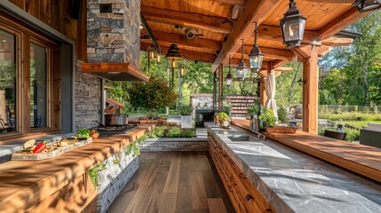 Cozy summer kitchen in the garden made of wood and stone.