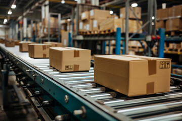 Cardboard boxes on a conveyor belt, high resolution image, warehouse, product, service, delivery service, cardboard boxes, technology, sorting, unloading, loading
