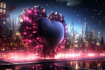 Futuristic concept of love and technology with glowing neon hearts on a circuit board - 771618741