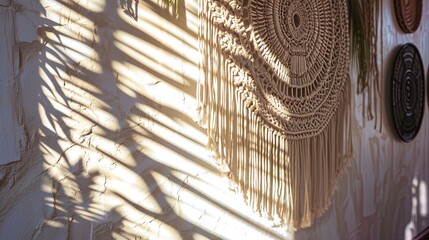 Wicker panel on a light wall with wave rays and shadows.