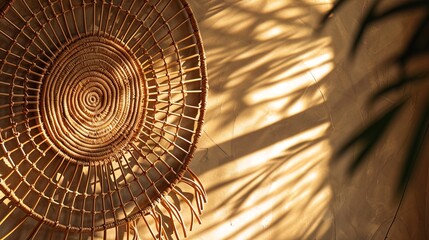 Wicker panel on a light wall with wave rays and shadows.