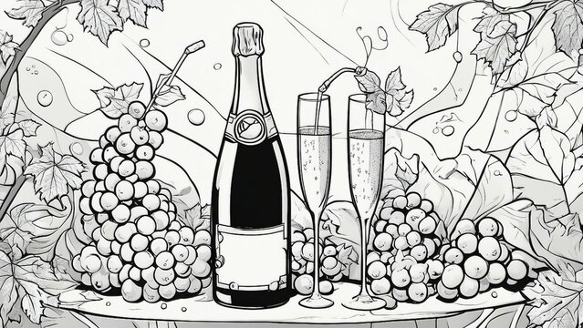 wine bottle and grapes  black and white, coloring book page,    A champagne bottle with a glass  