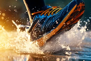 Fotobehang Close up of a sport runner shoes on a water splash © akualip
