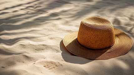 Wicker straw hat on beach sand, shadows.