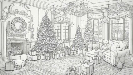 old house in the city _A black and white coloring book page with Christmas decor, such as a tree, a present,  