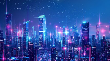 Obraz premium cityscape with space and neon light effect. Modern hi-tech, science, futuristic technology concept. Abstract digital high tech city design for banner background