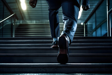 Young businessman running up stairs in a office