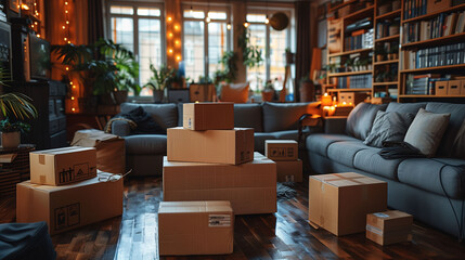 Cozy living room with cardboard boxes, moving day concept, warm interior with bookshelves and sofa. - obrazy, fototapety, plakaty