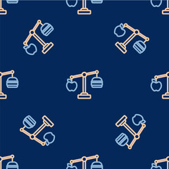 Line Calorie calculator icon isolated on isolated seamless pattern on blue background. Calorie count. Diet. Weight loss. Portion control. Healthy eating. Dietary nutrition. Vector