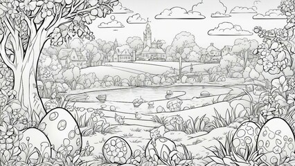 _black and white, coloring book page, A black and white line drawing of a peaceful village scene with a river  country village, framed by a tree and bushes, and filled with clouds in the sky