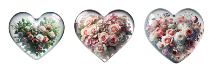 3d realistic pink flower glass heart icon set isolated on a transparent background.
