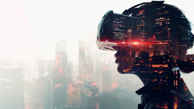 VR gamer and the beautiful sci-fi city, technology, headset, virtual, device, future, futuristic, modern, digital.