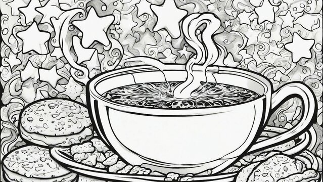 cup of coffee  black and white, coloring book page,     coffee into a cup The cup has stars 