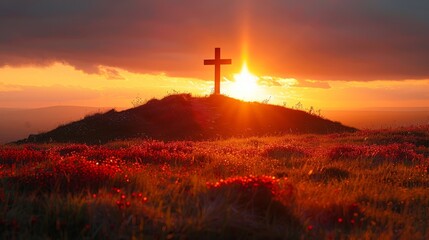 Fototapeta premium a Christian cross atop a hill during a vibrant sunset, symbolizing hope and faith. The cross on the hill, a silhouette against the vibrant Easter sunrise, embodies hope's eternal light