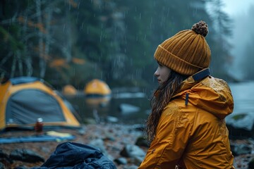A solo traveler gazes upon a river beside their campsite, immersed in the serenity of a raining landscape